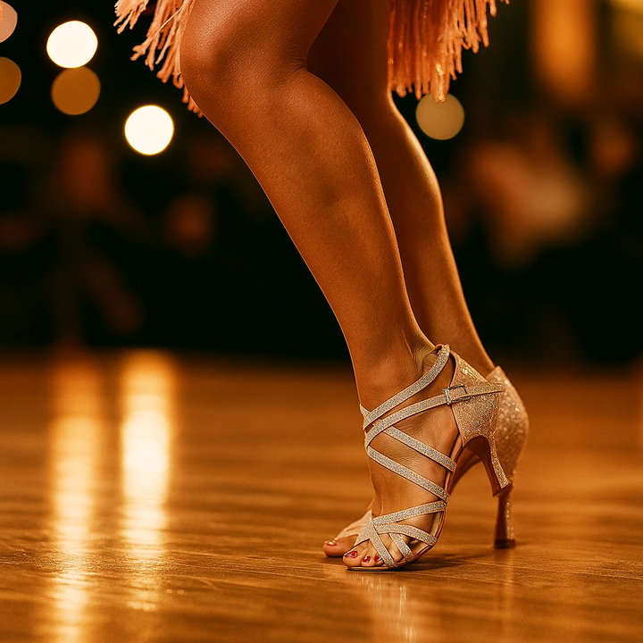 Damskie buty salsa złote z cekinami na obcasie