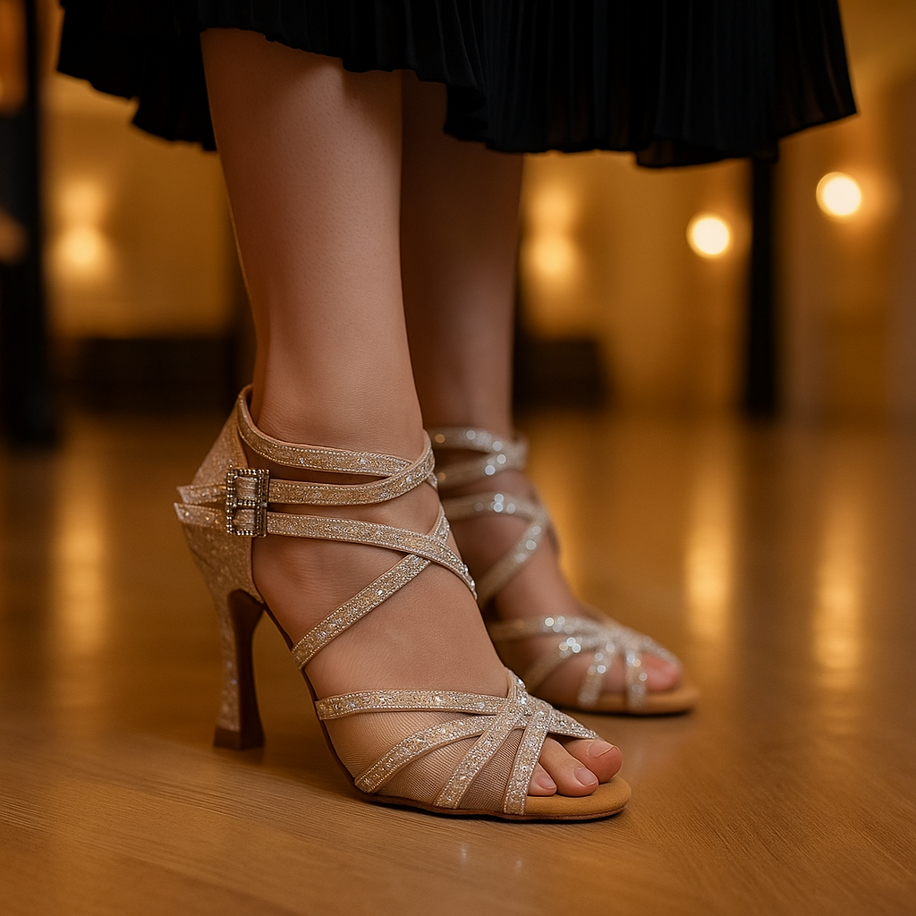 Damskie buty salsa złote z cekinami na obcasie