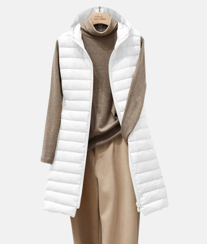 Damska długa kurtka pikowana bez rękawów z kapturem