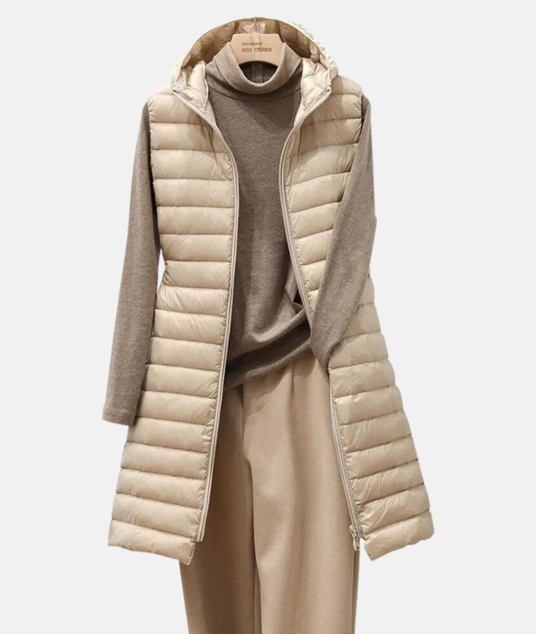 Damska długa kurtka pikowana bez rękawów z kapturem