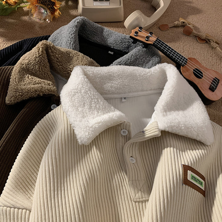 Męski zimowy sweter prążkowany z kołnierzem polo i guzikami