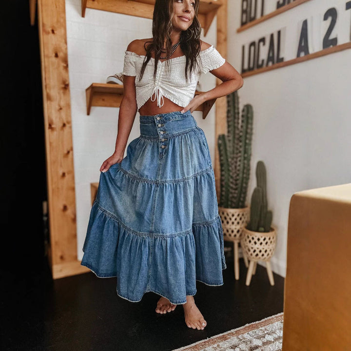 Damska spódnica Maxi jeansowa boho na guziki