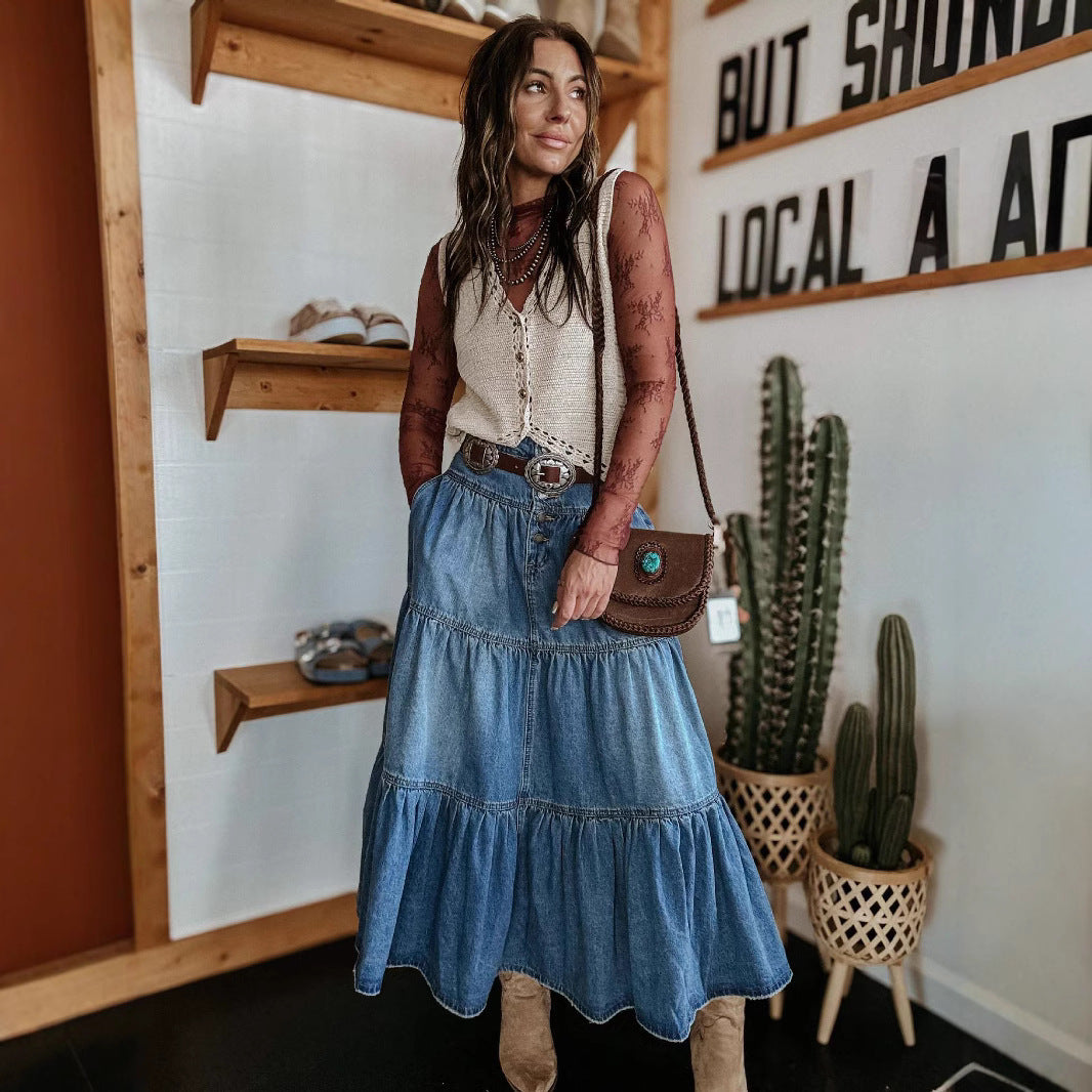 Damska spódnica Maxi jeansowa boho na guziki