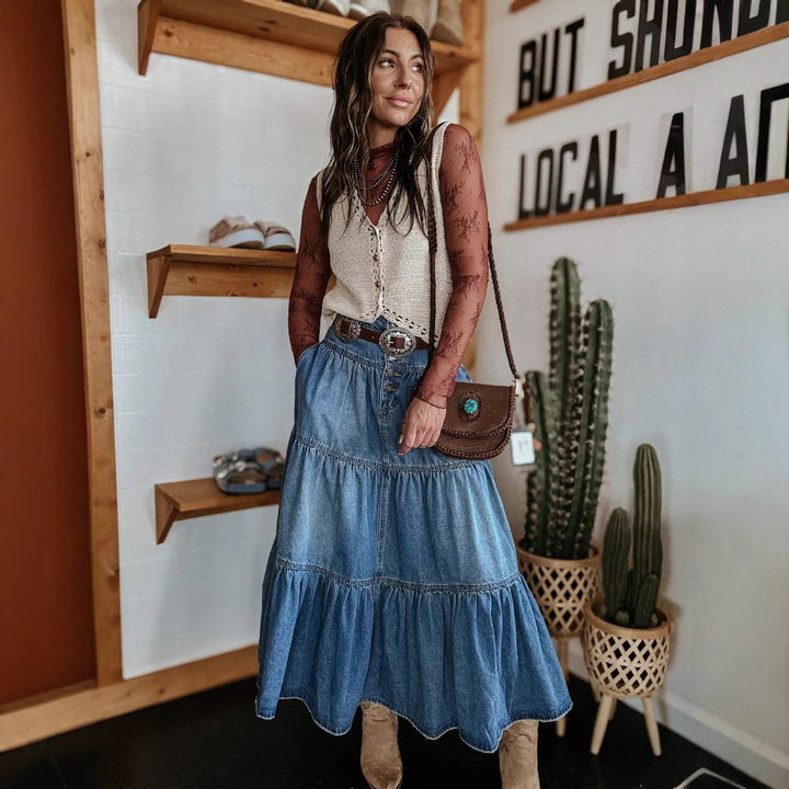 Damska spódnica Maxi jeansowa boho na guziki
