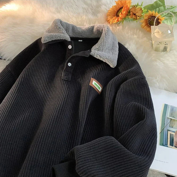 Męski zimowy sweter prążkowany z kołnierzem polo i guzikami