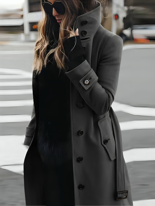 Damski Płaszcz Trench Długi z Wysokim Kołnierzem i Paseczkiem