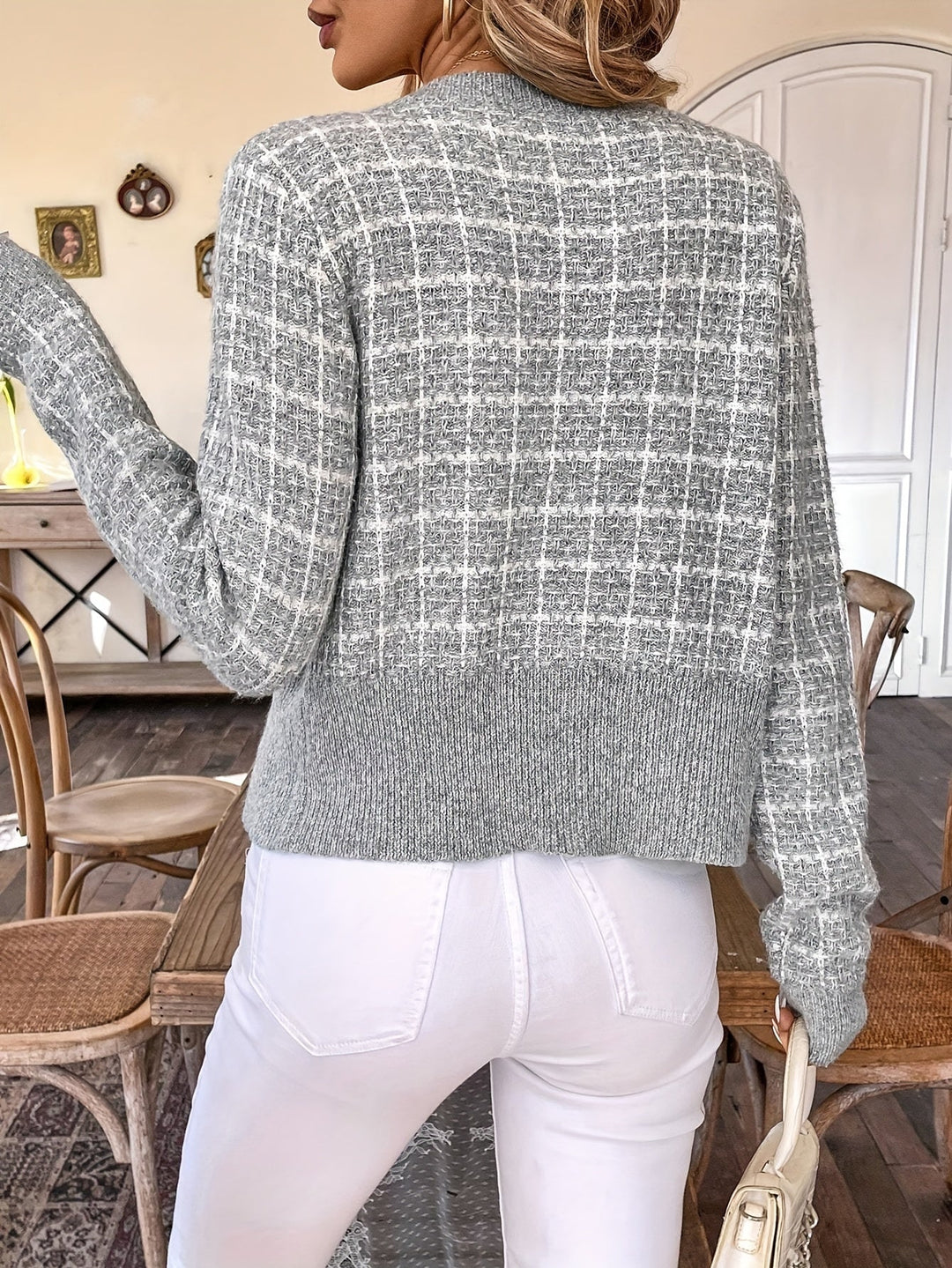 Damski Stylowy Wygodny Kardigan w Kratę z Guzikami