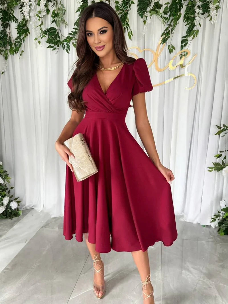 Sukienka Damska Elegancka Kopertowa Z Krótkim Rękawem Midi