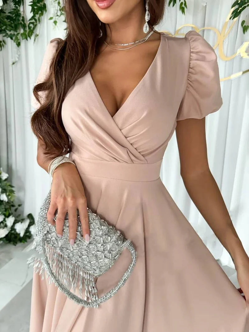 Sukienka Damska Elegancka Kopertowa Z Krótkim Rękawem Midi