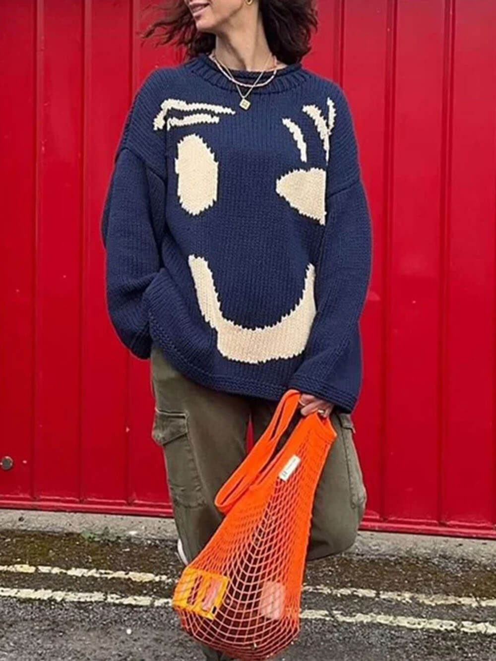 Damski Sweter Oversize z Motywem Smiley