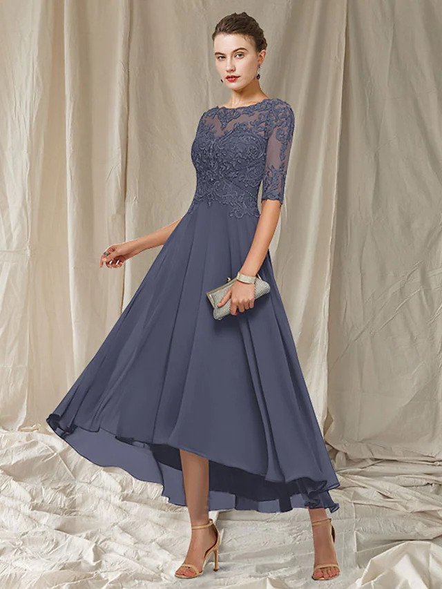 Elegancka Sukienka na Wesele Midi z Koronkową Górą dla 50 Latki