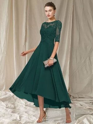 Elegancka Sukienka na Wesele Midi z Koronkową Górą dla 50 Latki