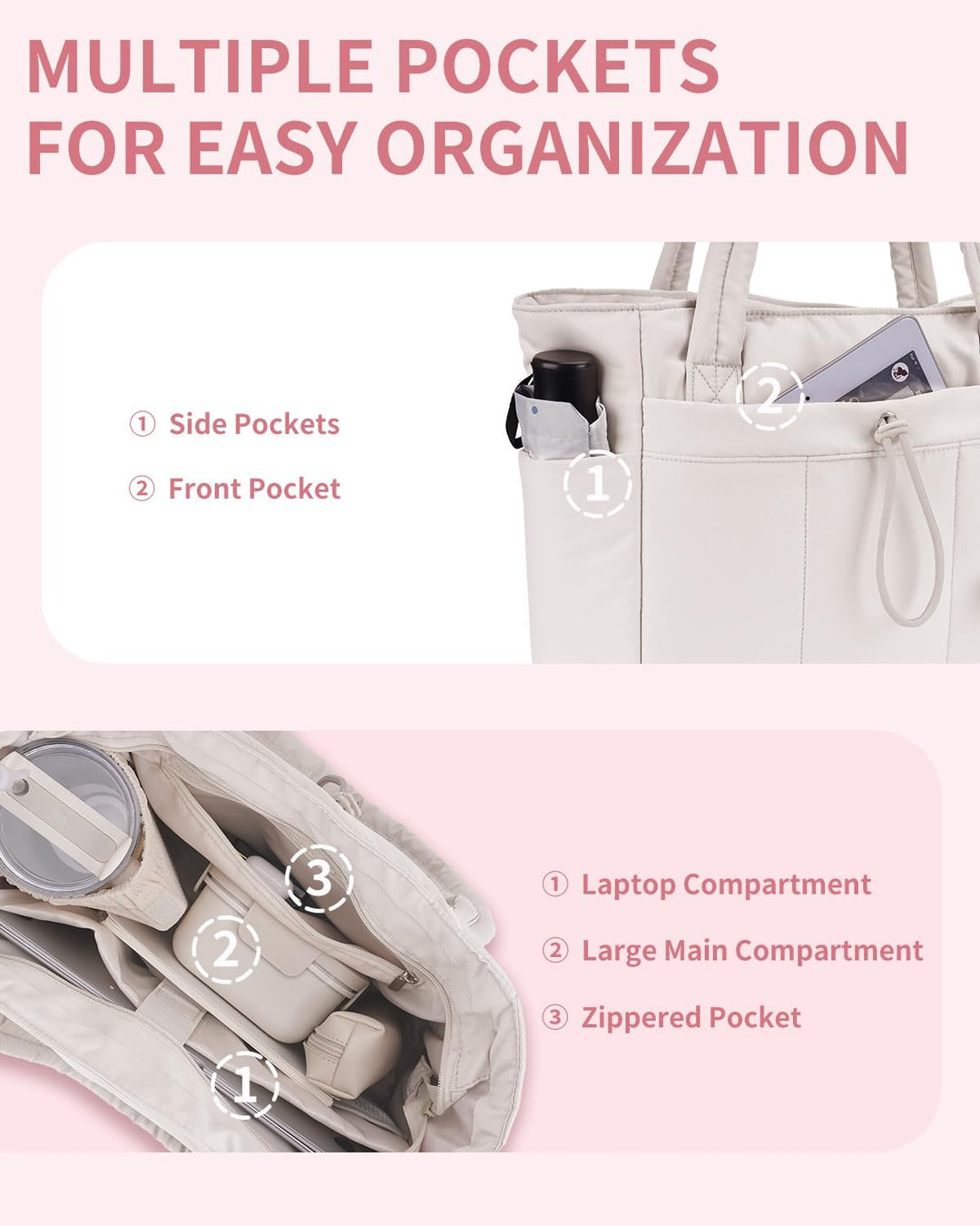 Pojemna damska tote torba na laptopa z bezpieczną kieszenią na kubek