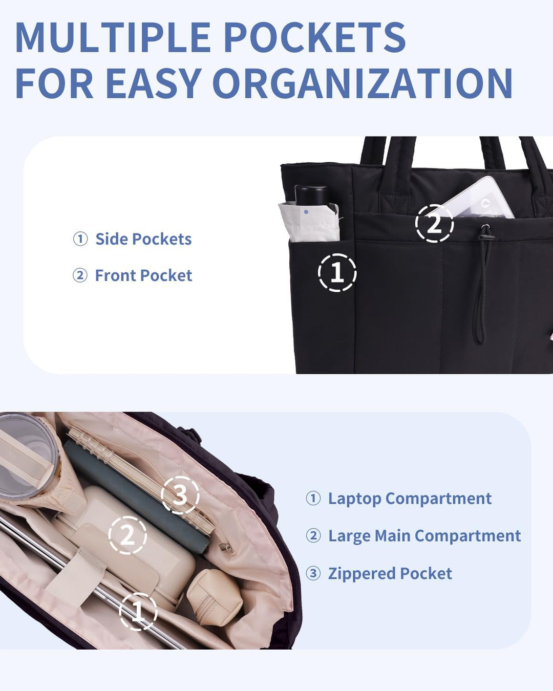 Pojemna damska tote torba na laptopa z bezpieczną kieszenią na kubek